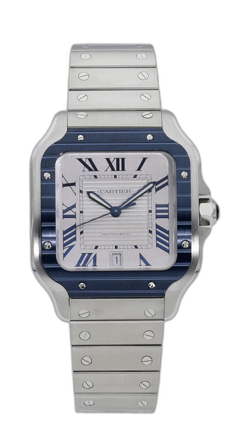 Cartier Santos De Cartier Large Model Blue PVD Bezel Silver Dial Bracelet