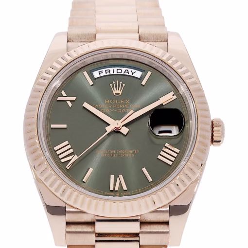 Rolex Day-Date 40 NEW 2024 Chocolate Brown Baguette Diamond Dial Rose Gold President Bracelet